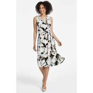 Kasper Women Belted Fit & Flare Dress Black Multi Size 18